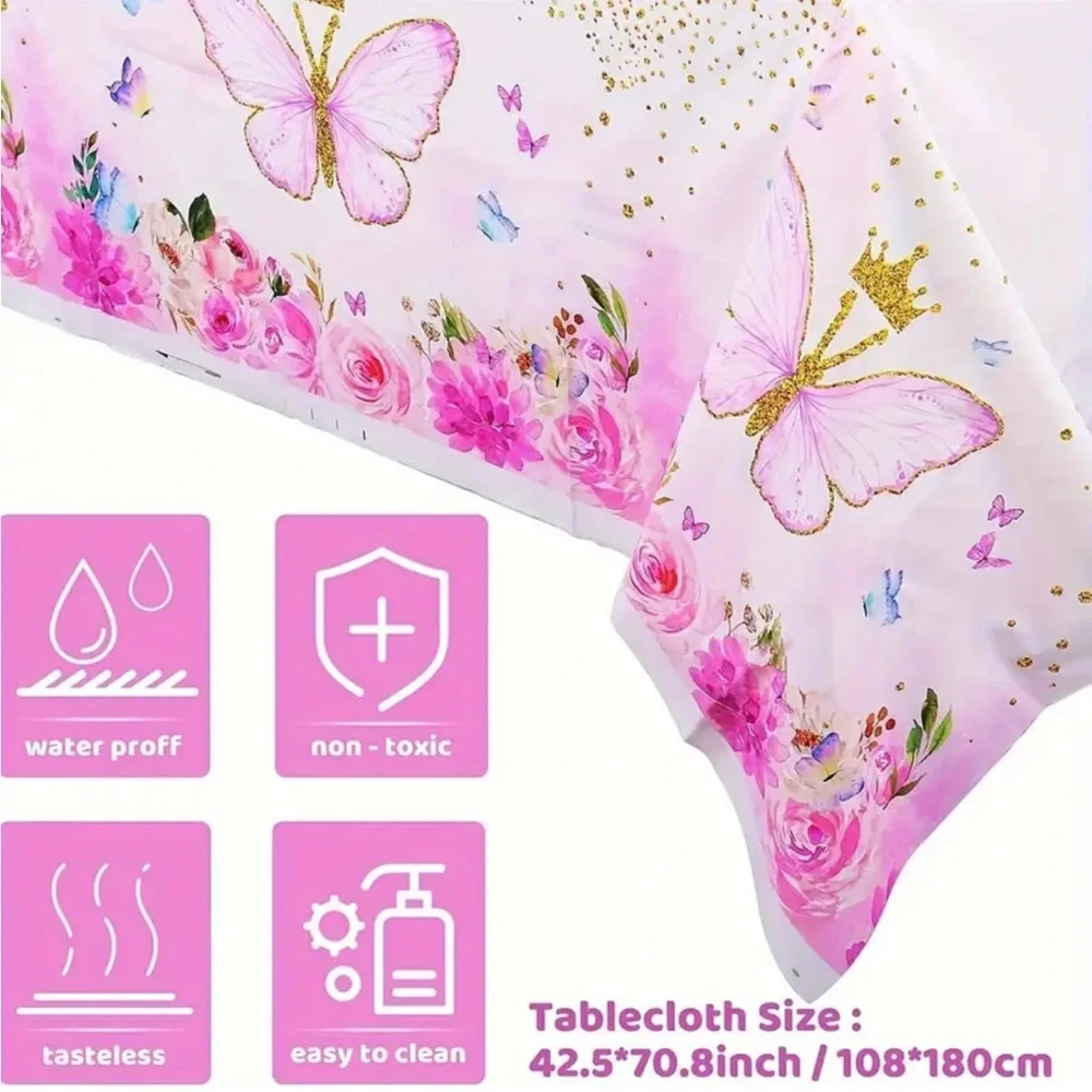 Pink Sparkle Butterfly Themed Birthday Party Tableware + Banner, Set of 102 pcs
